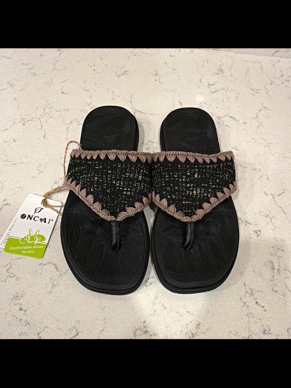 ONCAI Women’s Thong Sandals Black/Beige Crochet Slip On Rubber US 7.5